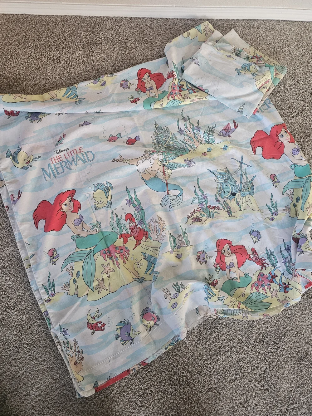 Vintage 90s Disney The Little Mermaid Printed Fabric Sheet Set - Picture 2 of 5